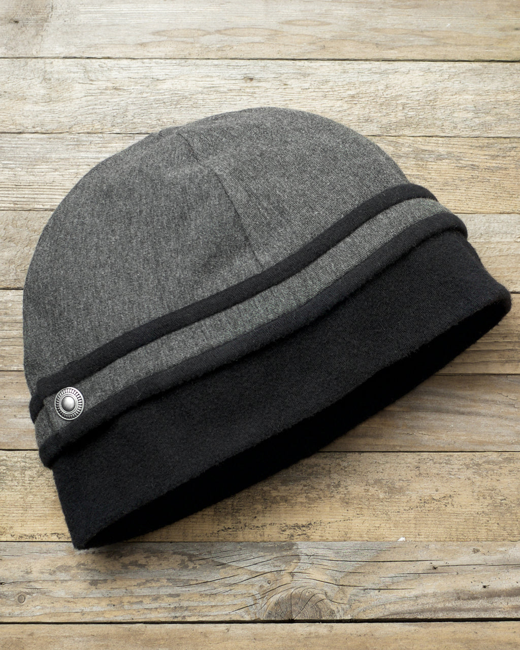 Fleece Beanie Hat - Gray with Black Trim